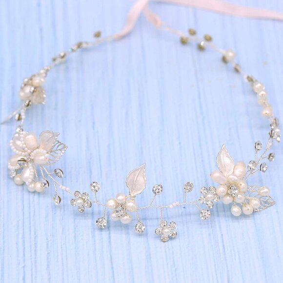 Bridal Crystal Headband with Pearls Flower Design Silver Wedding Hair Accessory main image 3